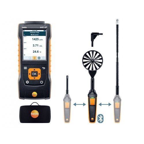 Testo 440 delta P - Kombinovaná sada 2 na meranie prúdenia s Bluetooth, vrátane vrtulkovej sondy, vlhkostnej – teplotnej sondy a teleskopa